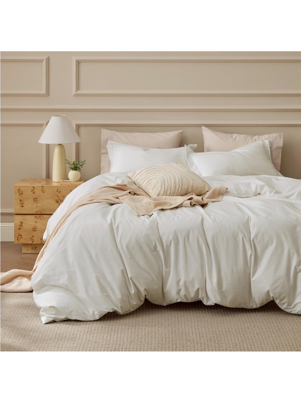 NEW Bedsure 100% Washed Cotton Duvet Cover Set King. Minimalist Linen-like Ivory